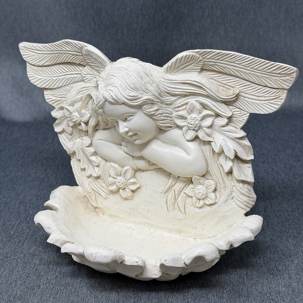 Vintage Cherub Angel Wall Mount Bird Bath Garden Decor Soap Dish Ivory Resin